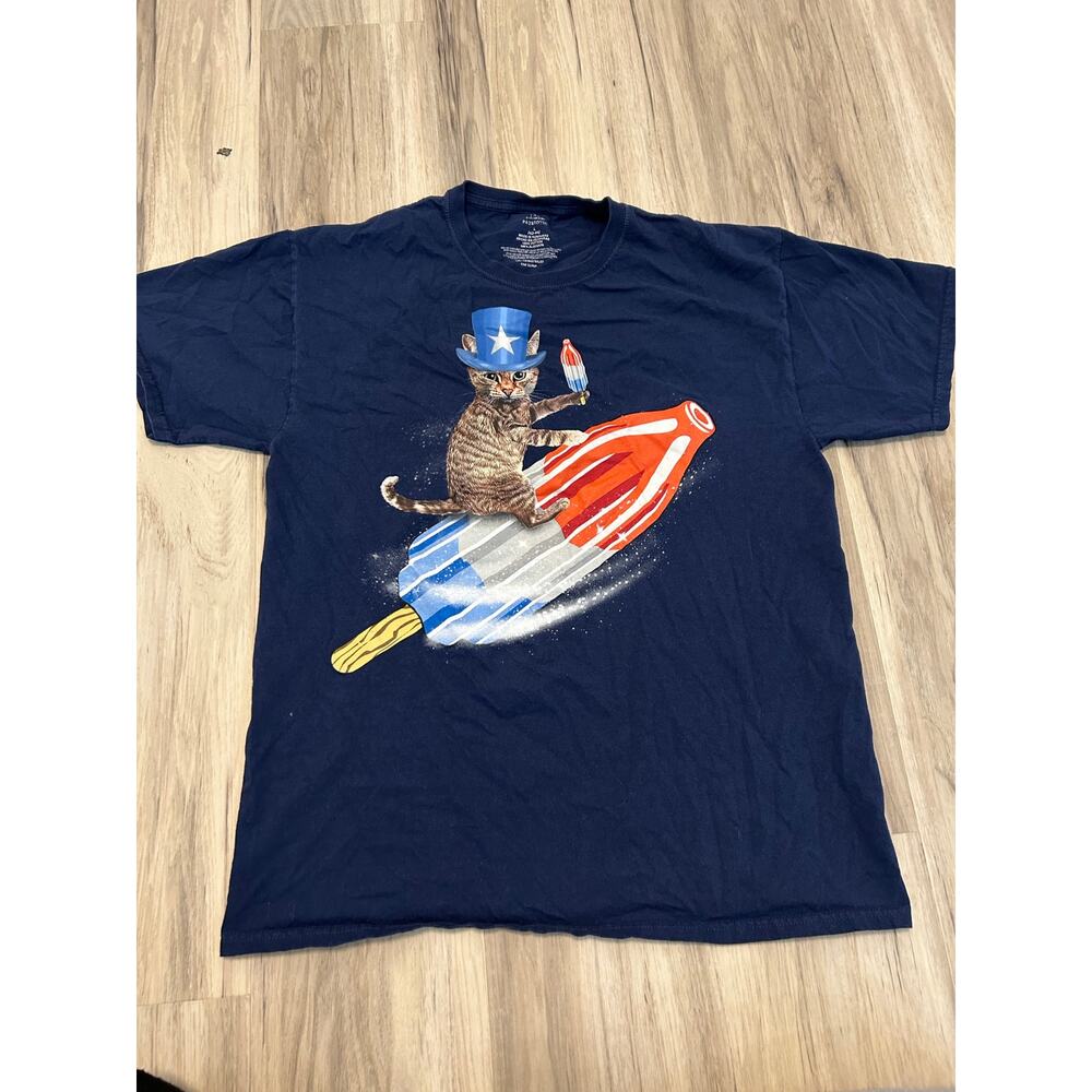 4th of July Cat Popsicle Rocket T-Shirt Unisex Size Large (42-44) Blue Patriotic